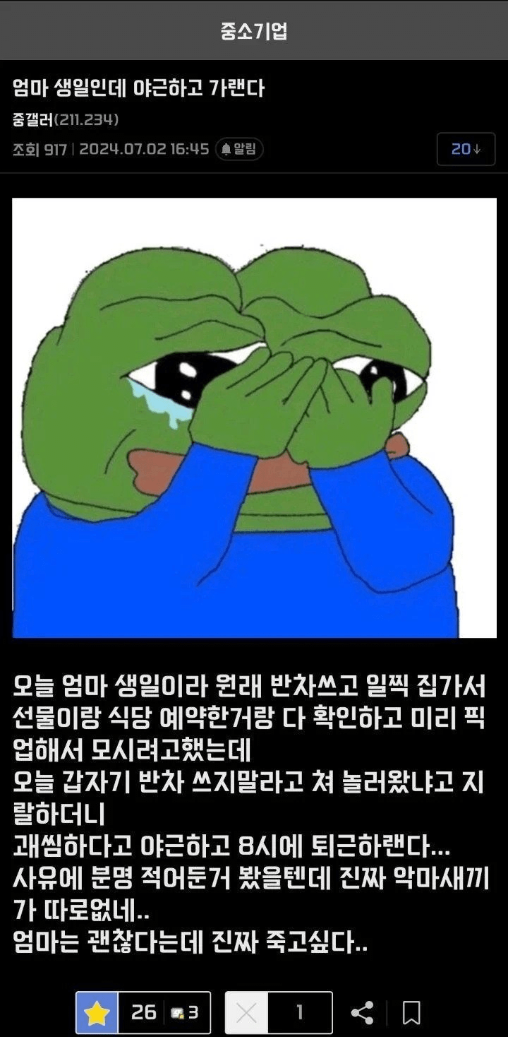 엄마 생일인데 야근하고 가라는 글+후기
