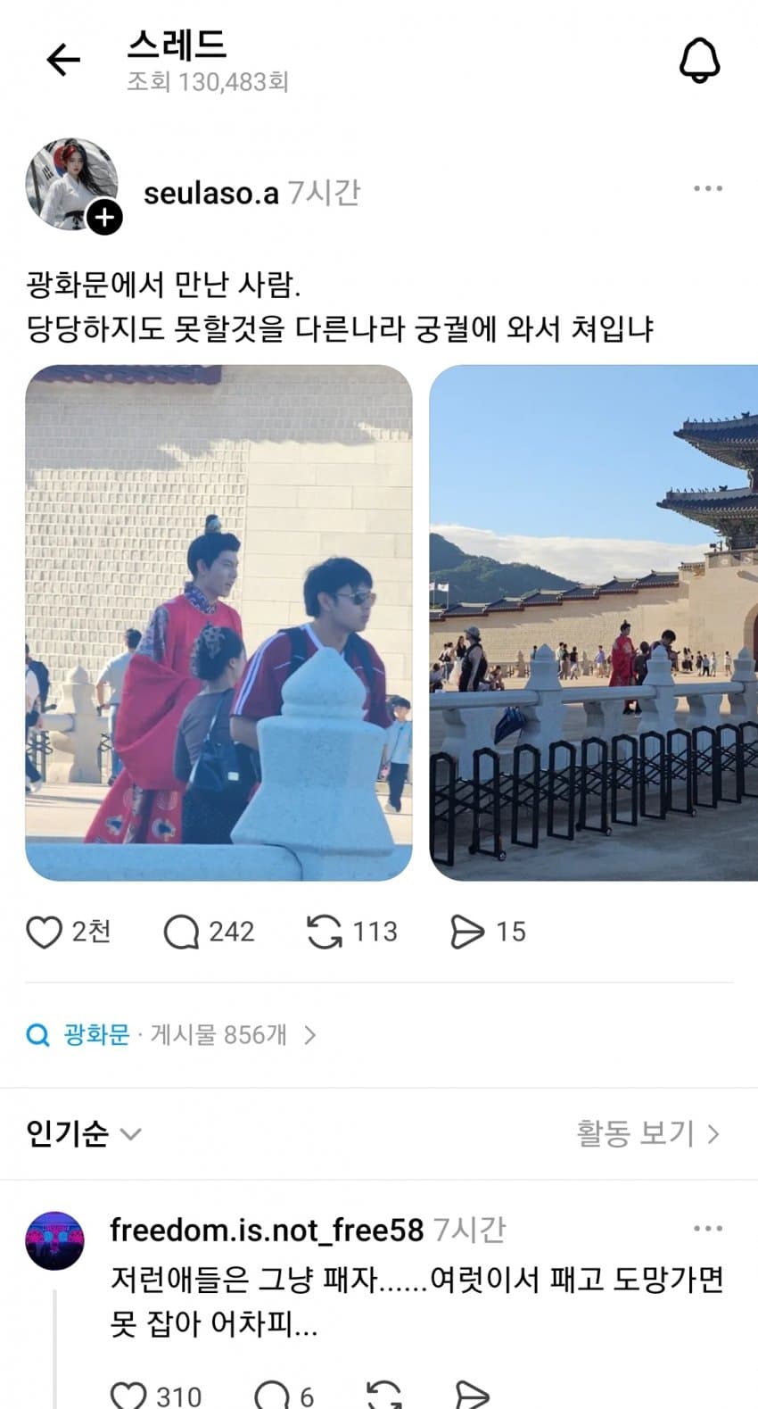 광화문 한복판에서 중국 한복 입고 어그로 끌다 적발된 사건