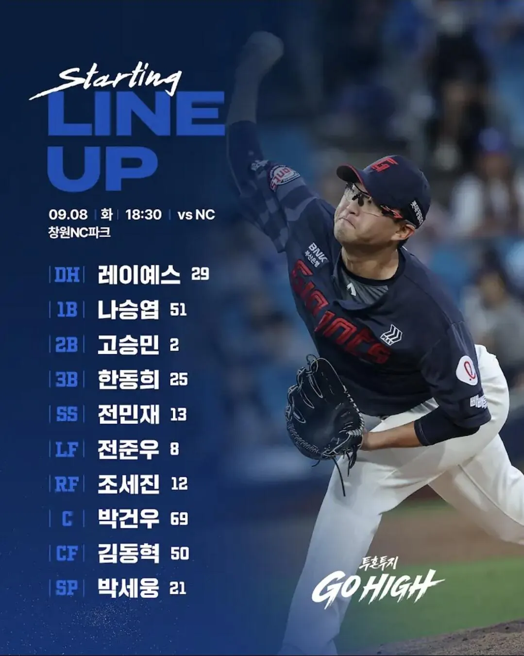 9월 8일 NC전 롯데 자이언츠 선발 라인업