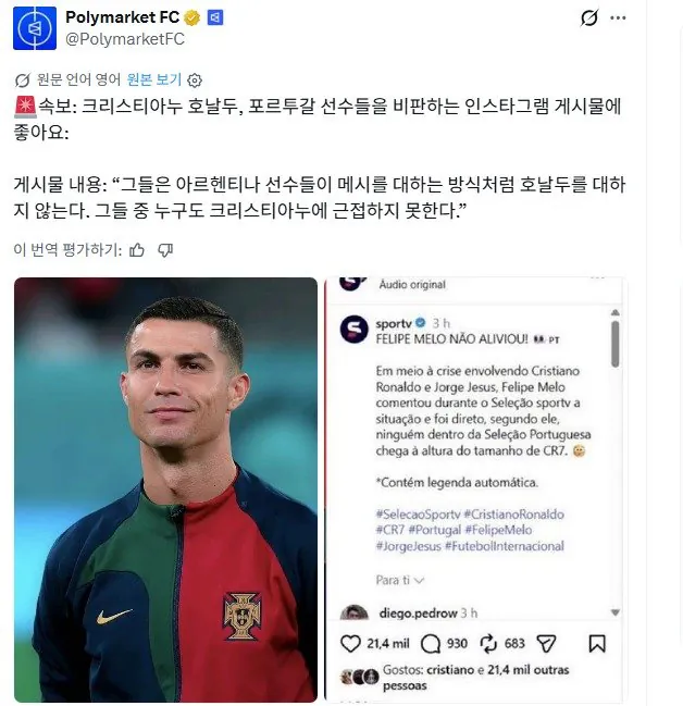 포르투갈 국대 동료들 비판하고 메시와 비교하는 글에 좋아요 누른 호날두