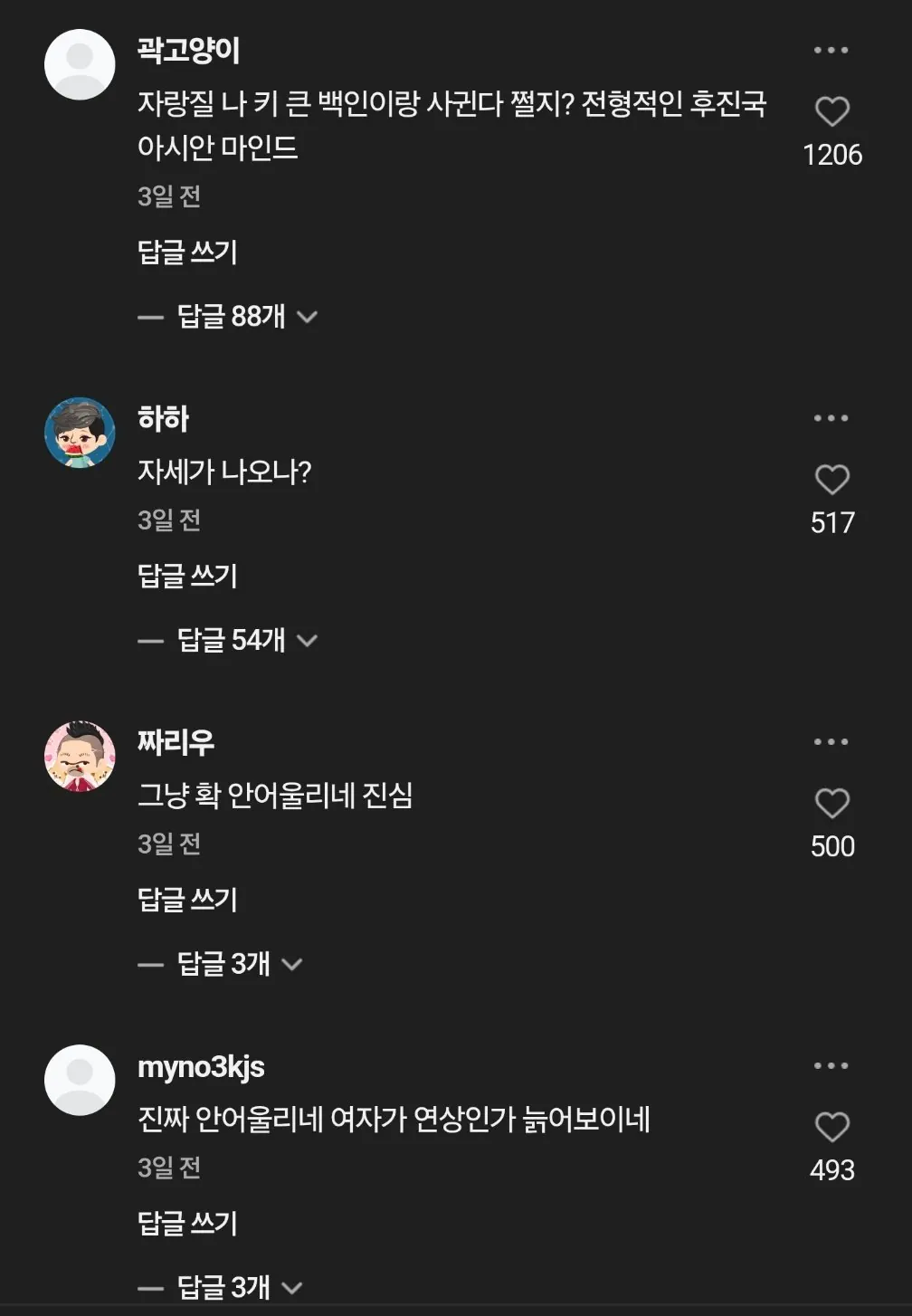 국제 커플 쇼츠에 달린 도 넘은 댓글들