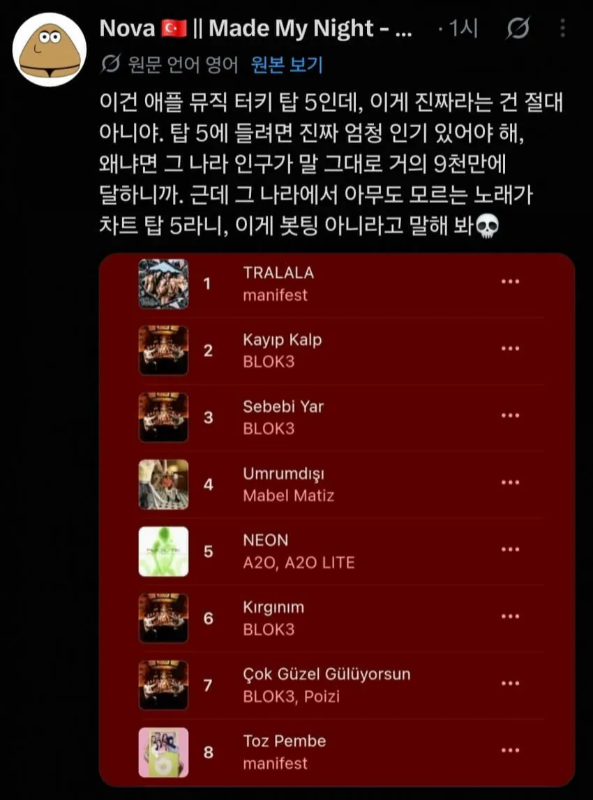 이수만 프로듀싱 신인 A2O의 튀르키예 차트 진입과 봇팅 의혹ㄷㄷㄷㄷ